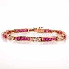 This is a classic style tennis bracelet. A must-have statement piece for every woman. It's a classic luxury to have. A perfect gift for your loved ones. -Material - Solid 14K Yellow Gold ( Stamped ) -Gemstone - Guanine Ruby & Diamonds -Gemstone Weight - 3.990 ct -Diamond Weight - 0.470 ct -Gross weight - 11.75 grams Ruby, arguably the most famous of red-colored stones, is the gemstone for July. Representing health and wisdom this gem comes from the 'corundum' mineral species. Hardest of natu Ruby Diamond Bracelet, Ruby Bracelet, Cluster Bracelets, Gold Armband, Birthstone Bracelet, Colored Stones, Emerald Pendant, Birthstone Bracelets, Ruby Diamond