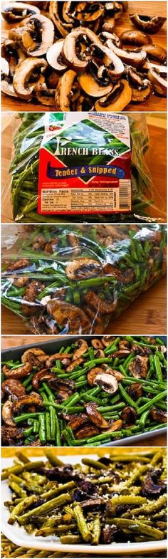 three pictures showing different types of mushrooms and green beans in plastic bags on a table