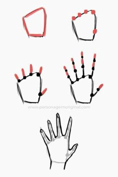 four different hand shapes with red and black beads