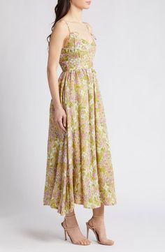 En Saison Serena Floral Midi Dress | Nordstrom Green Midi Dress With Adjustable Straps, Flowy Ruched Sundress For Garden Party, Sleeveless Midi Dress With Tie Straps For Garden Party, Strapless Sundress For Garden Party, Floral Print Spaghetti Strap Midi Dress, Strapless Floral Print Sundress For Garden Party, Floral Print Spaghetti Straps Midi Dress For Casual Wear, Spring Green Midi Dress With Adjustable Straps, Ruched Maxi Sundress For Garden Party