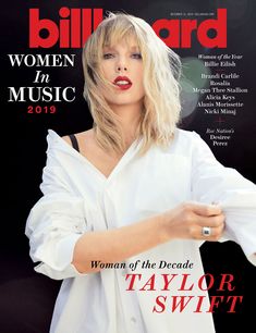 taylor swift on the cover of billboard magazine, wearing a white shirt and red lipstick