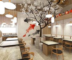 this is an image of a restaurant with birds on the tree wall decal in red and white