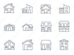 different types of houses and buildings line art icon set on white background stock photo - premium royalty