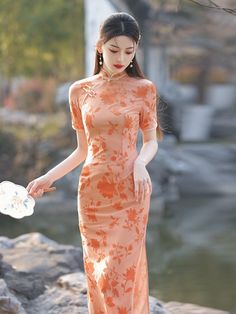 Improved Cheongsam Dress Qipao 2024 New Young Girl Orange Summer Daily Wearable Long Dress Chinese Chinese Hanfu Dress, Cheongsam Traditional, Traditional Chinese Hanfu, Modern Qipao, Qipao Cheongsam, White Bridesmaid Dresses, Formal Dresses With Sleeves, Green Velvet Dress, Hanfu Dress