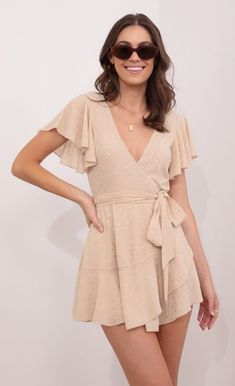 Party dresses > Eliza Wrap Dress in Tan Summer Wrap Dress With Ruffles For Party, Surplice Neckline Wrap Dress With Ruffles For Party, Surplice Neckline Ruffle Wrap Dress For Party, Summer Party Wrap Dress With Ruffles, Party Wrap Dress With Ruffles And Surplice Neckline, Summer Party Wrap Dress With Ruffle Hem, Summer Chiffon Wrap Dress With Surplice Neckline, Ruffled Wrap Dress For Party, Wrap Dresses With Ruffles For Party