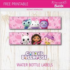 three cartoon characters on pink background with text that says baby's dollhouse water bottle labels