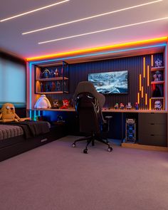 a room with a bed, desk and television in it is lit up by neon lights