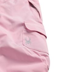 a pink pants with a spider embroidered on the front and side pocket, sitting against a white background