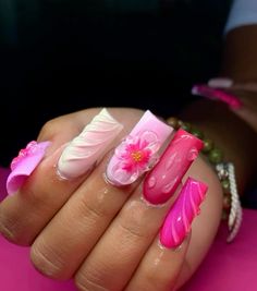 #flower #nails #pinknails #hotpink #naildesign #nailart #nailtutorial #nailfie #nailtech Hawaiian Nails Acrylic, Pink 3d Flower Nails, Hawaiian Nails, Pink Flower Nails, Nails Flower, Nails Summer Nails, Solid Color Nails