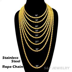 Celebrity Style Fashion Gold PT STAINLESS STEEL 4mm 16"~36" Rope Chain Necklace US SELLER Stainless steel jewelry has exploded in popularity because of it's strength and high durability, as well as it's resistance to corrosion and tarnishing/turning black. Our stainless steel jewelry is plated with ion plating technology, the most modern of plating technology, helping the jewelry to last for years under normal conditions. Product Description Stainless Steel Rope Chain Celebrity Style Deep gold p Rolex Chain, Rolex Diamond, Miami Cuban Link Chain, Miami Cuban Link, Cuban Link Chain Necklaces, Gold Chains For Men, Gold Chain Jewelry, Miami Cuban, Jewellery Necklace