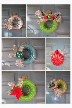 four different pictures of wreaths hanging on the front door with christmas decorations around them