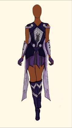 a drawing of a woman in purple and silver armor with her hands on her hips