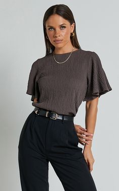 Enzo Top - Flutter Sleeve Scoop Neck Top in Dark Oak Workwear Outfits, Trendy Top, Fashion Top, Scoop Neck Top, Flutter Sleeves, Trendy Tops, Flutter Sleeve, Scoop Neckline, Your Skin