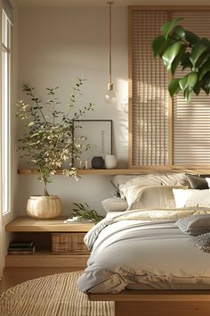 a bed sitting in a bedroom next to a window with blinds on the windowsill