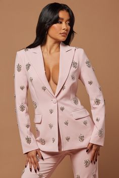 Verona Embellished Single Breasted Jacket - Rose | Fashion Nova, Luxe | Fashion Nova Jumpsuit Designs, Long Suit Jacket, Embellished Blazer, Rose Fashion, Blazer Set, Free Dresses, Single Breasted Jacket, Suit Set, Luxe Fashion