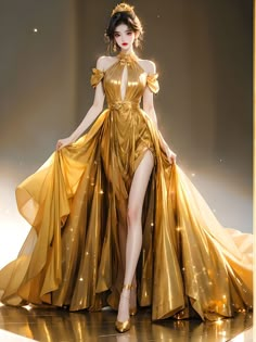 Gold Gown Aesthetic, Gold Fantasy Dress, Gold Dress Long Classy, Crush Photos, Fantasy Dress Art, Wings Character, Gold Dresses Long, Gown Aesthetic, Dreamy Gowns