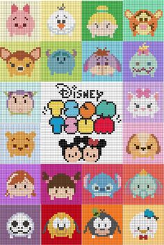 cross stitch pattern with many different avatars on the front and back side of it