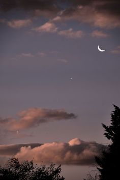 the moon and venus are seen in the sky above some trees at dusk, with dark clouds