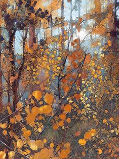 an oil painting of trees with yellow leaves