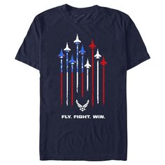 Show your love for the oldest and largest branch of the Armed Forces, The United States Army, with officially licensed apparel for the whole family! This Men's U.S. Air Force Fly Fight Win American Flag Graphic T-Shirt features nine aircraft creating stripes to shape the American flag, the U.S. Air Force logo, and the motto: "Fly. Fight. Win" printed across the front. Whether you've served or just want to show your support, grab some US Army gear today and show your Army pride in style! Air Force Logo, Air Force Planes, Army Gears, American Flag Tshirt, U S Air Force, United States Air Force, Graphic Tee Design, Flag Tshirt, Armed Forces