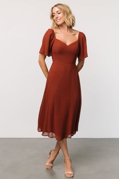 Colette Sweetheart Midi Dress | Cinnamon Sweetheart Midi Dress, Cocktail Jumpsuit, Dress Rich, Beautiful Midi Dresses, Cinnamon Color, Loungewear Fashion, Baltic Born, Boat Neck Dress, Chiffon Material