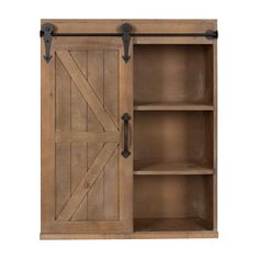 an open wooden cabinet with sliding doors on the front and side shelves, against a white background