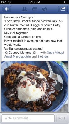 a facebook post showing the recipe for crocker fudge brownie mix and ice cream