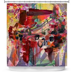 a shower curtain with an abstract painting on it