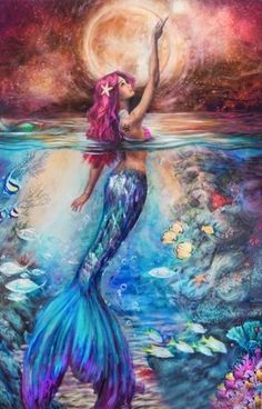 a painting of a mermaid holding up a starfish in the ocean with fish around her