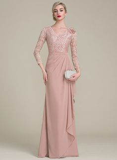 A-Line/Princess V-neck Floor-Length Chiffon Lace Mother of the Bride Dress With Flower(s) Cascading Ruffles Projek Menjahit, Simple Bridesmaid Dresses, Lace Bride, Cascading Ruffles, Dress With Sleeves