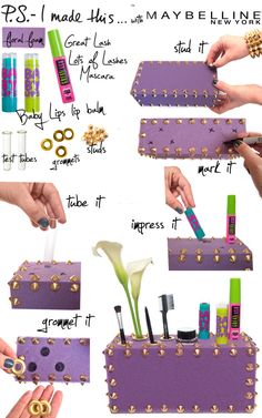 the instructions for how to make a diy makeup bag with studded trims