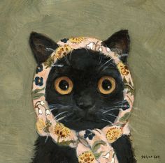 a painting of a black cat wearing a scarf with flowers on it's head