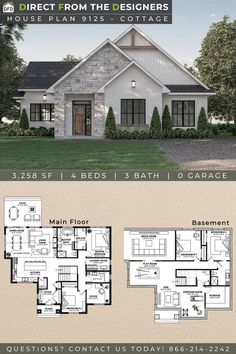 two story house plan with 3 bedroom and 2 bathrooms in the front, three car garage on