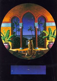 a tiger sitting on top of a rug in front of an arch with palm trees