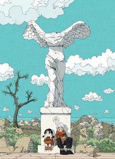 an image of two people sitting on a bench in front of a statue with angel wings