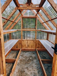 Upper and lower shelves will give plenty of space for all your planting, pots and tools! Plant your starts right below in your garden beds that come included with every greenhouse! Diy Greenhouse Inside, Green House Storage Ideas, Greenhouse Against House, Interior Greenhouse Design, Small Greenhouse Layout, Greenhouse And Garden Layout, Inside Greenhouse Ideas Shelves, Inside Greenhouse Ideas Interiors