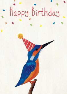 a birthday card with a colorful bird wearing a party hat