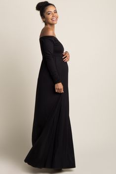 Petite Black Solid Off Shoulder Maternity Maxi Dress Off Shoulder Neckline, Trendy Maternity Outfits, Maternity Maxi Dress, Maternity Maxi, Baby Shower Dresses, Shower Dresses, Stylish Maternity, Pregnancy Outfits, Pregnancy Maxi Dress