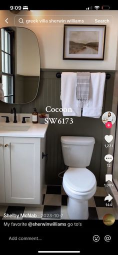 a white toilet sitting next to a sink in a bathroom under a mirror with the caption cocoon sw 6173