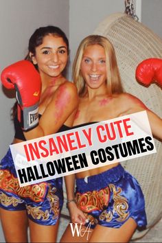 two women in costumes posing for a photo with boxing gloves on their heads and the words insanely cute halloween costumes