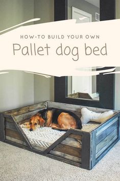 a dog laying on top of a wooden bed