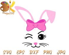 an easter bunny with a pink bow on its head and the words svg epss dxf png