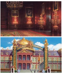 the inside and outside of a palace with chandeliers