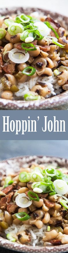 two plates with food on them and the words hoppin'john written in white