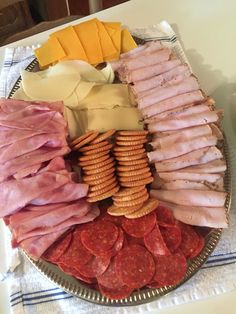 an assortment of meats, cheese and crackers on a plate