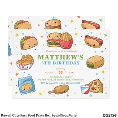 a birthday party card with food items on the front and bottom, including hot dogs, hamburger