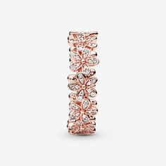 Wrap your finger in flowers with this dazzling Daisy Flower Ring plated with 14k rose gold. Evoking feelings of joy and happiness, the delicate chain of daisies is adorned with shimmering cubic zirconia stones that catch the light. Wear it solo for everyday elegance, or with the Pandora Daisy Earrings and matching necklace for a fabulous floral look. - Pandora Daisy Flower Ring - 14k Rose gold-plated unique metal blend / Cubic Zirconia / Clear - Sz. 8.5 Fine Jewelry Rose Gold Rings With Sparkling Stones, Sparkling Rose Gold Fine Jewelry Rings, Sparkling Rose Gold Ring, Pandora Daisy Ring, Pandora Daisy, Star And Moon Necklace, Pandora Rose, Infinity Earrings, Pearl Engagement Ring