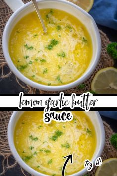 two bowls of soup with lemon garnish and butter