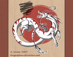 a painting of two white dragon in front of a red and brown background with the words,'a cirqueux 2007 dragon - deviart com logo '