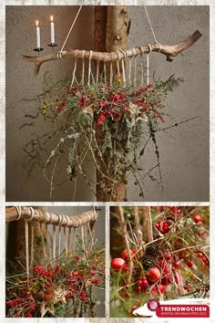 an arrangement of branches, berries and candles hanging from a tree branch in front of a wall